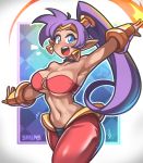  1girl absurdres artist_name bare_shoulders belly_dancing blue_eyes breasts cleavage cowboy_shot dark_skin earrings harem_pants high_ponytail highres jewelry large_breasts long_hair navel o-ring o-ring_top open_mouth outline outstretched_arms pants purple_hair sagas293 shantae_(character) shantae_(series) smile solo tan very_long_hair white_outline 