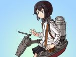  1girl adrian_ferrer black_hair black_skirt blue_background commentary cowboy_shot english_commentary flat_chest gradient gradient_background hayasui_(kantai_collection) jacket kantai_collection machinery miniskirt pleated_skirt short_hair silver_eyes skirt solo standing track_jacket 