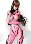 1girl absurdres bodysuit breasts brown_eyes brown_hair cutout evangelion:_2.0_you_can_(not)_advance evangelion:_3.0_you_can_(not)_redo glasses highres interface_headset looking_at_viewer makinami_mari_illustrious multicolored multicolored_bodysuit multicolored_clothes neon_genesis_evangelion nipples pink_bodysuit plugsuit rebuild_of_evangelion solo standing watanabe_yasuaki 