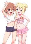  2girls :d ;d aqua_eyes arm_up bikini blonde_hair blue_shorts brown_hair denim denim_shorts double_bun eyebrows_visible_through_hair fang frilled_bikini frills hand_on_hip himesaka_noa hoshino_hinata looking_at_viewer midriff multiple_girls navel one_eye_closed open_mouth pink_bikini red_eyes senzoc shirt shorts simple_background sleeveless sleeveless_shirt smile swimsuit tied_shirt watashi_ga_motenai_no_wa_dou_kangaetemo_omaera_ga_warui! white_background white_shirt 