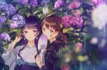  2girls bangs black_kimono blue_flower blunt_bangs blurry blurry_foreground blush brown_hair covering_mouth depth_of_field earrings eyebrows_visible_through_hair fan flower flower_earrings hair_ornament hairclip hand_up holding holding_fan hydrangea japanese_clothes jewelry kimono kusaka_kou leaf leaf_print long_hair looking_at_viewer multiple_girls original outdoors paper_fan parted_lips pink_eyes pink_flower plant ponytail print_kimono purple_eyes purple_hair rain uchiwa upper_body water white_kimono x_hair_ornament yukata 