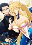  1boy 1girl agravain_(fate/grand_order) ahoge animal_ears artoria_pendragon_(all) artoria_pendragon_(swimsuit_ruler)_(fate) bangs bare_shoulders black_eyes black_hair black_vest blonde_hair blue_legwear blue_neckwear bow bowtie braid breasts bunny_ears bunnysuit card cleavage constricted_pupils detached_collar fate/grand_order fate_(series) feather_boa fishnet_legwear fishnets formal french_braid green_eyes hair_between_eyes headset highleg highleg_leotard highres large_breasts leotard long_hair looking_at_viewer navel navel_cutout nogi_(acclima) open_mouth poker_chip poker_table ponytail short_hair sidelocks suit thighs tiara vest white_leotard wrist_cuffs 
