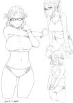  1girl absurdres artist_name ass commentary_request cowboy_shot cropped_legs dated folded_ponytail from_behind glasses highres kantai_collection katori_(kantai_collection) killing-inthe-name lineart long_hair looking_at_viewer midriff monochrome multiple_views sports_bikini stretch 