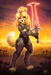  2020 animal_crossing anthro armor body_armor canid canine canis cloud crossover detailed_background dolphydolphiana domestic_dog doom_(series) female fire flower fur holding_object holding_sword holding_weapon id_software isabelle_(animal_crossing) mammal melee_weapon nintendo outside plant pose shih_tzu smile solo standing sword toy_dog tree video_games weapon yellow_body yellow_fur 