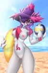  3_fingers areola ball beach beach_ball breasts circe_the_pokegirl clitoral_hood clitoris clothing detail female fingers front_view gardevoir genitals gyuumu hair hat headgear headwear humanoid multicolored_hair nintendo nipples not_furry nude pok&eacute;mon pok&eacute;mon_(species) pussy red_eyes sand sea seaside solo standing video_games water wave 