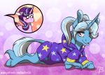  blush clothing equid female friendship_is_magic hoodie hooves horn inuhoshi-to-darkpen lying mammal my_little_pony pigtails purple_eyes solo starlight_glimmer_(mlp) topwear trixie_(mlp) unicorn wide_eyed 