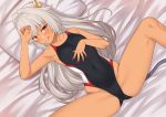  1girl absurdres bangs bare_shoulders black_swimsuit blush breasts collarbone commentary_request competition_swimsuit covered_navel dark_skin dragon_girl dragon_horns dragon_tail enjou_kouhai_oshiego_wa_elf_ryuu_ningyo_jinrou eyebrows_visible_through_hair fingernails hair_intakes highres horns long_hair looking_at_viewer lying nail_polish on_back one-piece_swimsuit original red_eyes red_nails red_swimsuit sharp_fingernails silver_hair small_breasts smile solo spread_legs swimsuit tail takunomi tongue tongue_out ursula_(takunomi) white_swimsuit 