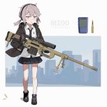  1girl anti-materiel_rifle backpack bag bangs bipod black_gloves black_neckwear black_skirt blush bolt_action breast_pocket brown_jacket cartridge cheytac_m200 collared_shirt dress_shirt english_text girls_frontline gloves gun headphones highres holding holding_gun holding_weapon hood hood_down hooded_jacket jacket lavender_eyes light_brown_hair loose_necktie low_ponytail m200_(girls_frontline) muzzle_brake necktie open_mouth pen pleated_skirt pocket popped_collar rifle scope shell_casing shirt shoes sidelocks skirt skyline sniper_rifle sniper_scope socks solo trigger_discipline weapon white_background white_shirt yuki_hotaru 