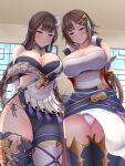  2girls absurdres bangs blue_eyes blunt_bangs braid breasts brown_hair cameltoe cleavage collarbone covered_nipples granblue_fantasy green_eyes highres large_breasts leona_(granblue_fantasy) loincloth long_hair looking_at_viewer looking_down meropan multiple_girls panties shura_(granblue_fantasy) side-tie_panties underwear very_long_hair 