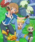  2girls age_difference bangs baseball_cap blonde_hair blue_eyes blue_jacket brown_hair child citron_(pokemon) citron_(pokemon)_(cosplay) collarbone cosplay cottonee day dedenne eureka_(pokemon) eyebrows_visible_through_hair eyelashes eyewear_on_head fingerless_gloves gen_1_pokemon gen_5_pokemon gen_6_pokemon glasses gloves grass hat jacket multiple_girls open_mouth outdoors oversized_clothes pancham pants pikachu pikachu_(cosplay) pokemoa pokemon pokemon_(anime) pokemon_(creature) pokemon_xy_(anime) red_headwear satoshi_(pokemon) satoshi_(pokemon)_(cosplay) serena_(pokemon) shiny shiny_hair short_hair standing standing_on_one_leg sweatdrop tent tongue two-tone_jacket wind 