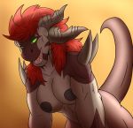  areola big_breasts black_nipples breasts dragon female green_eyes hair hi_res horn mijak_(thony_dog) muscular muscular_female nipples nude orcdragon red_hair scalie simple_background solo thony_dog 