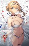  1girl air_bubble azur_lane bangs bare_shoulders bikini blonde_hair blue_choker blue_eyes blue_ribbon blush bracelet breasts bubble choker cleavage closed_mouth collarbone commentary_request cross_choker eyebrows_visible_through_hair flower hair_bun highres jeanne_d&#039;arc_(azur_lane) jewelry large_breasts long_sleeves looking_at_viewer multi-strapped_bikini navel off_shoulder open_clothes petals red_flower ribbon see-through sidelocks smile solo stomach submerged swimsuit thigh_strap thighs touwa_nikuman underwater white_bikini wide_sleeves 