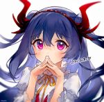  1girl ainy77 blue_hair blush commentary_request copyright_request covered_mouth frills hairband hands_up horns long_hair looking_at_viewer pink_eyes puffy_short_sleeves puffy_sleeves red_hairband red_vest short_sleeves signature simple_background solo steepled_fingers translation_request two_side_up upper_body vest white_background yellow_neckwear 