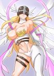  1girl angel_wings angewomon asymmetrical_clothes bare_shoulders belt blonde_hair breasts cleavage covered_eyes digimon elbow_gloves gloves head_wings helmet large_breasts lavender_background lips long_hair multiple_wings navel ribbon smile solo thigh_strap webslinger wings 