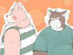  2020 4:3 anthro belly blush canid canine canis clothing domestic_cat domestic_dog duo felid feline felis kemono male mammal overweight overweight_male pink_nose shirt takakei1 topwear 