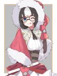  1girl ;p arm_warmers azur_lane bangs belt black_hair black_ribbon blue_eyes blush border breasts brown_border brown_corset capelet commentary_request cowboy_shot dress eskimo_(azur_lane) eyebrows_visible_through_hair fur-trimmed_capelet fur_trim glasses gloves grey_background hanamizuki_yuuki hand_up highres looking_at_viewer medium_breasts multicolored_hair neck_ribbon one_eye_closed red_capelet red_dress red_gloves ribbon round_eyewear short_hair sidelocks simple_background smile solo standing thumbs_up tongue tongue_out two-tone_dress two-tone_hair white_background white_belt white_hair 