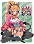 1boy 1girl age_difference animal_ears blue_hair breasts cat_ears child controller game_controller kafun large_breasts long_hair mature open_eyes original sitting sitting_on_lap sitting_on_person size_difference socks sweat tail teeth 