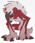  2017 anthro black_claws black_markings black_nose canid canine claws fingers fur hair kneeling lilaira lycanroc mammal markings midnight_lycanroc nintendo pok&eacute;mon pok&eacute;mon_(species) red_body red_eyes red_fur red_sclera signature simple_background solo toe_claws video_games were werecanid werecanine white_background white_body white_fur white_hair 