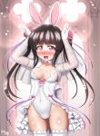  1girl animal_ears bangs black_hair blunt_bangs blush breasts bridal_gauntlets bunny_ears cameltoe choker covered_navel detached_sleeves frills hip_bones jewelry leotard long_hair looking_at_viewer open_mouth pikeru_(artist) red_eyes ring senki_zesshou_symphogear shiny shiny_skin small_breasts smile solo thighhighs tsukuyomi_shirabe twintails veil white_legwear 