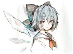  1girl blue_hair bow cirno commentary_request detached_wings hair_bow highres ice ice_wings looking_at_viewer neckerchief red_neckwear sailor_collar sakuratsuki shirt short_hair smile solo touhou upper_body white_background white_shirt wings 