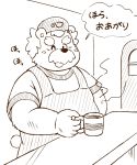 2020 anthro apron belly beverage blush clothing coffee hat headgear headwear hi_res humanoid_hands kemono male mammal one_eye_closed overweight overweight_male ruco shirt solo topwear ursid wink 