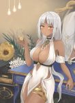  1girl azur_lane bang bangs bare_shoulders body_markings breasts center_opening cleavage cocktail_dress collarbone cup dark_skin dress earrings eyebrows_visible_through_hair facial_mark feather_earrings finger_gun forehead_mark hair_ornament halter_dress highres holding holding_cup indoors jewelry large_breasts leaning_back long_hair looking_at_viewer massachusetts_(azur_lane) massachusetts_(dressed_to_impress)_(azur_lane) mirror native_american red_eyes shenshi_(9612025) silver_hair sleeveless sleeveless_dress solo thighlet thighs white_dress 