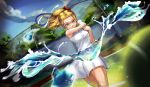  1girl absurdres ball blonde_hair blue_eyes bow breasts commentary day dutch_angle english_commentary genki_(book) hair_bow highres holding_racket long_hair medium_breasts motion_blur playing_sports ponytail racket red_bow samu_(7643109) shirt skirt sleeveless smile solo splashing sport sportswear taut_clothes taut_shirt tennis tennis_ball tennis_racket tennis_uniform water white_skirt 