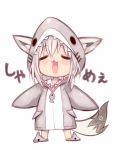  1girl :d ^_^ ^o^ animal_ears animal_slippers blush braid chibi closed_eyes commentary fox_ears fox_tail full_body highres hololive maneater_(game) open_mouth parody shark_costume shirakami_fubuki side_braid silver_hair simple_background slippers smile solo standing sukemyon tail translated virtual_youtuber white_background 