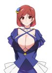  1girl ariadoa_(kono_yuusha_ga_ore_tueee_kuse_ni_shinchou_sugiru) bangs blue_choker blue_dress blush breasts brown_hair choker cleavage covered_nipples criss-cross_halter dress hair_ornament halter_dress halterneck highres kono_yuusha_ga_ore_tueee_kuse_ni_shinchou_sugiru long_sleeves looking_at_viewer puffy_nipples red_eyes short_hair simple_background smile upper_body webslinger white_background 