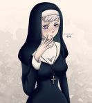  1girl black_clover black_hood black_robe blush breasts cellaraart cross cross_necklace english_commentary habit instagram_logo jewelry large_breasts necklace noelle_silva nun pink_background purple_eyes silver_hair solo twitter_logo twitter_username upper_body 