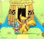  ambiguous_gender anthro bandanna bandanna_only building duo ear_tuft feral flag flagpole gesture house mudkip nintendo pikachu pok&eacute;mon pok&eacute;mon_(species) pok&eacute;mon_mystery_dungeon signature size_difference smiling_at_viewer teeterglance tuft video_games waving 