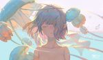  1girl air_bubble bangs bubble closed_eyes closed_mouth echosdoodle eyelashes floating floating_hair highres jellyfish lips multicolored_hair nude original pointy_ears short_hair sidelocks solo 