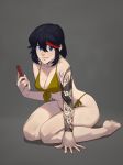  1girl alternate_costume arm_tattoo black_hair blue_eyes breasts cellphone cleavage hair_between_eyes hirundo_rustica kill_la_kill matoi_ryuuko medium_breasts multicolored_hair phone red_hair sitting smartphone solo streaked_hair tattoo wariza 