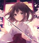  1girl bangs blurry blurry_background blush bow brown_hair closed_mouth commentary_request depth_of_field eyebrows_visible_through_hair female_saniwa_(touken_ranbu) grey_eyes hair_between_eyes hair_bow hakama japanese_clothes katana kimono long_hair long_sleeves looking_at_viewer miko mochizuki_shiina red_hakama saniwa_(touken_ranbu) smile solo sword touken_ranbu weapon white_kimono wide_sleeves yellow_bow 