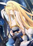  1boy 1girl agravain_(fate/grand_order) ahoge animal_ears artoria_pendragon_(all) artoria_pendragon_(swimsuit_ruler)_(fate) ass bangs bare_shoulders blonde_hair blue_legwear braid breasts bunny_ears bunnysuit chain cleavage closed_mouth detached_collar fate/grand_order fate_(series) feather_boa fishnet_legwear fishnets french_braid gauntlets green_eyes hair_between_eyes highleg highleg_leotard highres holster knee_to_chest knee_up large_breasts leotard light_smile long_hair looking_at_viewer nogi_(acclima) out_of_frame ponytail sidelocks sitting thigh_strap thighs tiara unaligned_breasts white_leotard wrist_cuffs 