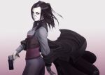  1girl absurdres black_hair blue_eyes breasts closed_mouth ergo_proxy eyeshadow gun highres long_hair looking_at_viewer makeup pale_skin re-l_mayer simple_background solo weapon 