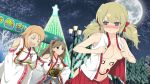  3girls :d ahoge armpits bangs bare_shoulders blonde_hair blush breasts brown_eyes brown_hair building christmas city cleavage collarbone double_bun drawn_on_eyes earrings full_moon hair_between_eyes hair_ornament hairclip hakama hanabi_(senran_kagura) highres japanese_clothes jewelry kafuru_(senran_kagura) lamppost large_breasts laughing long_hair long_sleeves low_twintails medium_breasts miko moon multiple_girls navel night night_sky official_art open_mouth outdoors purple_eyes red_hakama renka_(senran_kagura) ribbon senran_kagura short_hair sky skyscraper smile star_(sky) starry_sky tears tree twintails wide_sleeves yaegashi_nan 