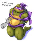  4:5 anthro bdsm belly belly_rub blush bound disembodied_hand donatello_(tmnt) embarrassed english_text hi_res male mask plastron reptile ribbons scalie slightly_chubby solo teenage_mutant_ninja_turtles text turtle 
