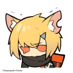  1girl animal_ear_fluff animal_ears arknights black_scarf blonde_hair chibi commentary_request company_name cropped_torso fox_ears hair_between_eyes hair_ornament hairclip line_(naver) looking_up official_art orange_eyes pout scarf short_hair sidelocks simple_background solo tearing_up trembling vermeil_(arknights) watermark white_background 