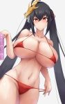  1girl absurdres ahoge areola_slip areolae azur_lane bangs bare_shoulders berururu bikini black_hair blush breasts cleavage closed_mouth collarbone eyebrows_visible_through_hair hair_between_eyes hair_ornament highres huge_breasts long_hair looking_at_viewer micro_bikini midriff navel red_bikini red_eyes smile solo swimsuit taihou_(azur_lane) very_long_hair 