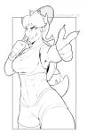  2020 abs anthro bottomwear breasts clothing crown female gesture hi_res horn koopa koopacap mario_bros monochrome muscular muscular_female navel nintendo pointing princess_koopa princess_peach scalie shell shirt shorts simple_background smile solo spikes tank_top tennis_racket topwear video_games white_background 