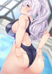  1girl ass black_swimsuit blue_eyes breasts competition_swimsuit cowboy_shot dura dutch_angle from_behind highres indoors large_breasts looking_at_viewer looking_back one-piece_swimsuit original ponytail pool rei_no_pool silver_hair solo swimsuit wet wet_clothes wet_swimsuit 