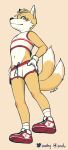  ambiguous_gender anthro black_nose bottomwear canid canine clothed clothing dipstick_tail flat_chested footwear fox fur gloves handwear hi_res legwear looking_at_viewer mammal midriff miles_prower multicolored_tail navel red_clothing red_footwear shorts snofu socks sonic_the_hedgehog_(series) topwear two_tail two_tone_tail white_clothing white_legwear white_socks 