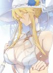  1girl artoria_pendragon_(all) artoria_pendragon_(swimsuit_ruler)_(fate) bangs bare_shoulders blonde_hair braid breasts cleavage cleavage_cutout closed_mouth fate/grand_order fate_(series) french_braid green_eyes hair_between_eyes hat highres holding_hands jewelry large_breasts long_hair looking_at_viewer necklace nogi_(acclima) one-piece_swimsuit parasol sidelocks solo_focus sun_hat swimsuit umbrella white_headwear white_swimsuit 
