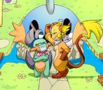  ambiguous_gender annoyed anthro bandanna bandanna_only building comparing crossed_arms duo eye_contact flag flagpole house looking_at_another marshtomp nintendo pok&eacute;mon pok&eacute;mon_(species) raichu size_difference smile smirk smug teeterglance video_games 