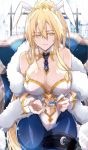  1girl ahoge animal_ears artoria_pendragon_(all) artoria_pendragon_(swimsuit_ruler)_(fate) bangs bare_shoulders blonde_hair blue_legwear blue_neckwear braid breasts bunny_ears bunnysuit cake chair cleavage detached_collar fate/grand_order fate_(series) feather_boa food fork french_braid green_eyes hair_between_eyes highleg highleg_leotard highres large_breasts leotard long_hair looking_at_viewer navel navel_cutout necktie nogi_(acclima) open_mouth ponytail sidelocks thighs tiara white_leotard window wrist_cuffs 