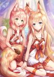  2girls :d animal_ear_fluff animal_ears bangs bare_arms bare_shoulders blonde_hair blush bow closed_mouth collarbone commentary_request curtains dress eyebrows_visible_through_hair flower fox_ears fox_girl fox_tail frilled_dress frills green_eyes hair_between_eyes hair_bow hair_brush hair_flower hair_ornament highres holding_brush indoors long_hair multiple_girls open_mouth original pink_hair red_bow ribbon_trim sakura_ani sleeveless sleeveless_dress smile tail tail_brushing transparent very_long_hair white_dress white_flower window 