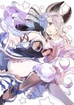  1girl ;d animal_ears bangs black_capelet blush boots breasts brown_footwear capelet cleavage feet_out_of_frame fur_trim granblue_fantasy hair_between_eyes hanokage highres large_breasts long_hair looking_at_viewer low_twintails one_eye_closed open_mouth purple_eyes purple_hair ribbon satyr_(granblue_fantasy) simple_background smile solo star_(symbol) twintails very_long_hair white_background 