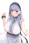  1girl :o anchor_choker apron azur_lane bangs bare_shoulders black_hairband black_skirt blunt_bangs blurry blurry_background blush bracelet breasts center_frills choker commentary_request depth_of_field dido_(azur_lane) eyebrows_visible_through_hair frilled_apron frilled_choker frilled_shirt frills hairband jewelry lace-trimmed_hairband large_breasts long_hair looking_at_viewer maid_apron marble_(marblesized) purple_eyes shirt sidelocks silver_hair simple_background skirt sleeveless sleeveless_shirt solo standing underboob underboob_cutout upper_body w_arms waist_apron white_apron white_background 