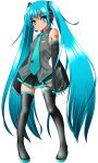  1girl aqua_eyes aqua_hair bangs black_legwear boots breasts detached_sleeves dr_rex eyebrows_visible_through_hair full_body hatsune_miku headset highres long_hair looking_at_viewer necktie small_breasts solo standing tattoo thigh_boots thighhighs twintails very_long_hair vocaloid vocaloid_boxart_pose white_background 